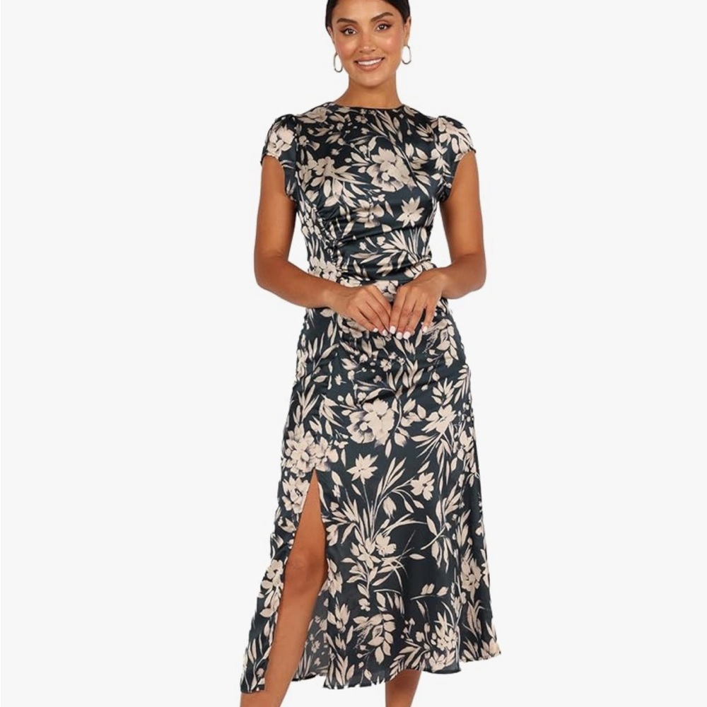 Petal & Pup Black and Cream Floral Midi Dress with Slit